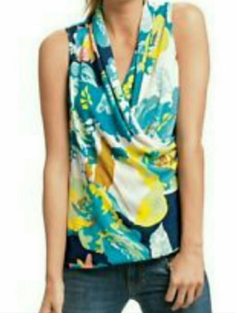 CAbi blue Floral Sleeveless Blouse Wrap Top Women's Size Large - Picture 9 of 9